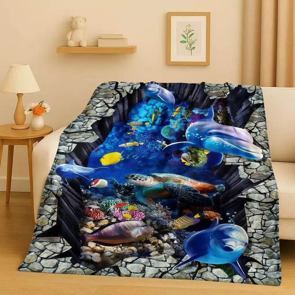3D Illusion Underwater World Breaking Wall Art Flannel Blanket,Ultra Soft Warm Plush Throw for Home Bedroom Bed Sofa Cover Gift