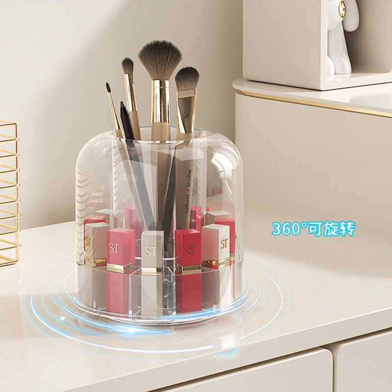 

2 в 1 360 ° Вращающийся косметический органайзер для кистей для макияжа и помады, большая вместительная коробка для хранения косметики с пылезащитной крышкой