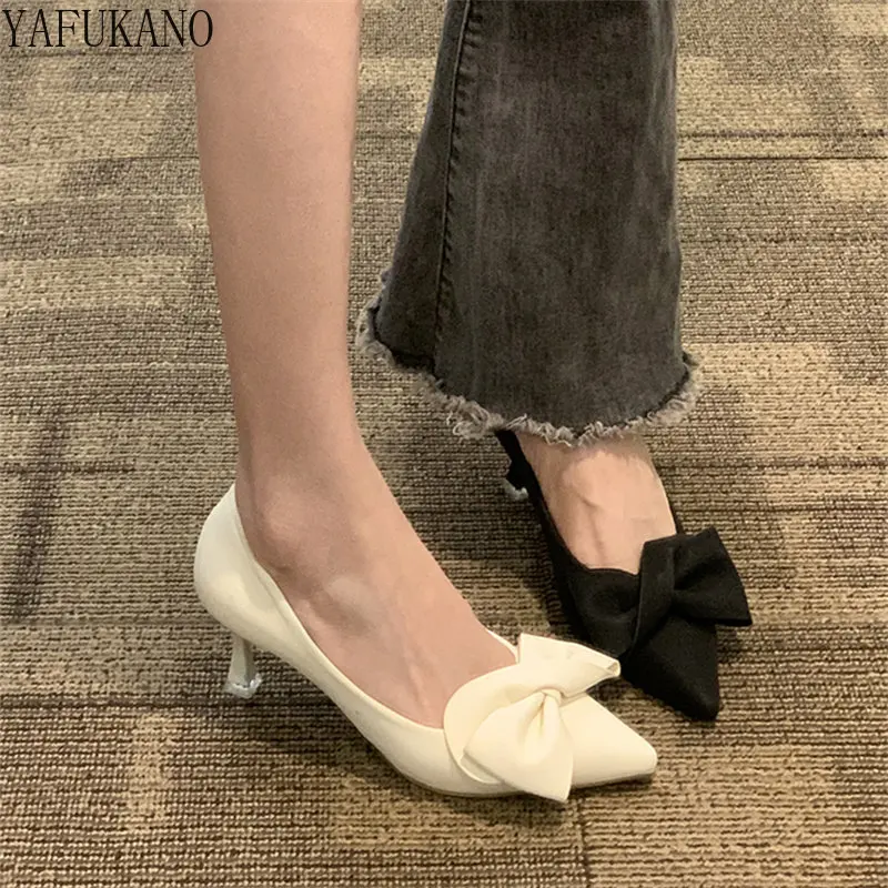 Elegant Bow Decor Stiletto High Heels Female Pointed Toe Fashion Party Prom Shoes French Gentle Style Single Shoes Small Size 33