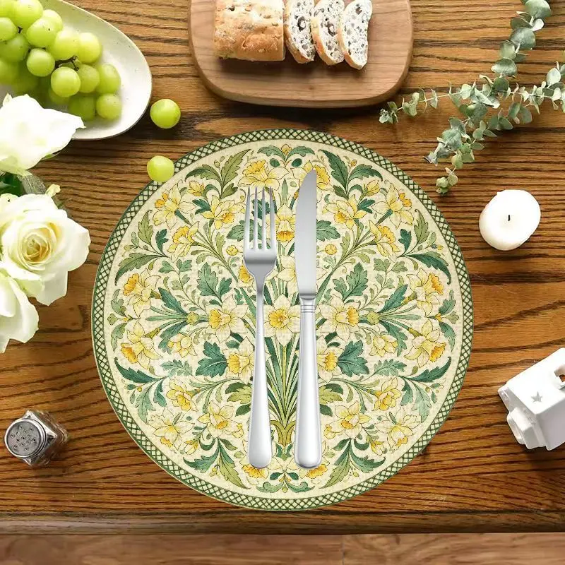 2/4/6PCS Retro Flower Round Table Mat Anti fouling and Easy to Clean Rural Style Home Dining Table Kitchen Decor Table Mat