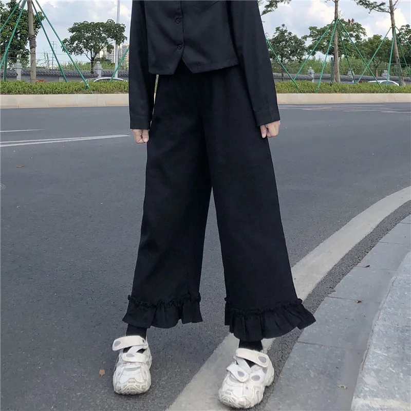 Japanese Kawaii Soft Girl Women Pants Sweet Ruffled Basis Wild High Waist Loose Trousers Elastic Waist Casual Solid Student Pant