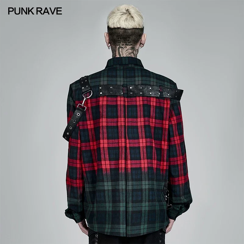 PUNK RAVE Men\'s Punk Red Green Color Long Sleeve Plaid Shirt Leather Loops Personality Simple Profile Casual Shirts Four Seasons