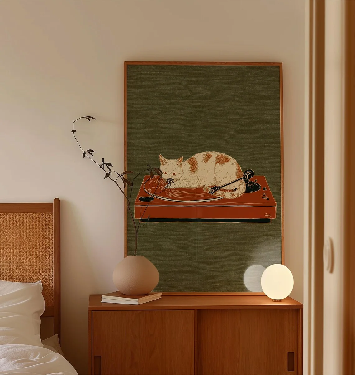 Cat Turntable Wall Decor Print - Ideal Gift for Vinyl Music Enthusiasts, Tabby Cat Owners, or anyone styling warm neutral music