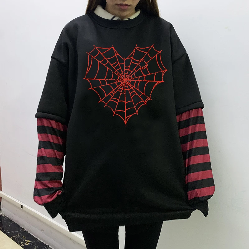 GOTH GIRL Sweet Women Goth Harajuku Black Long Sleeve  Fake Two-piece Spider web Japanese Punk Streetwear Alt E-Girl sweatshirt