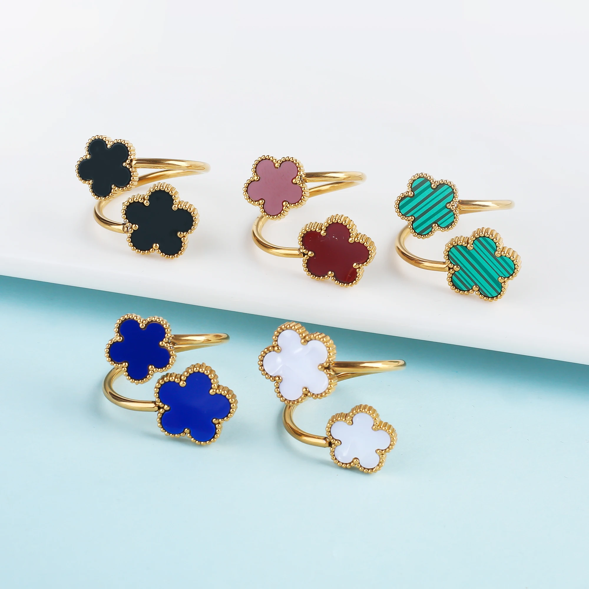 Stainless Steel Double-Layer Plant Five Leaf Flower Ring Newly Designed With Adjustable Jewelry Opening For Women Clover