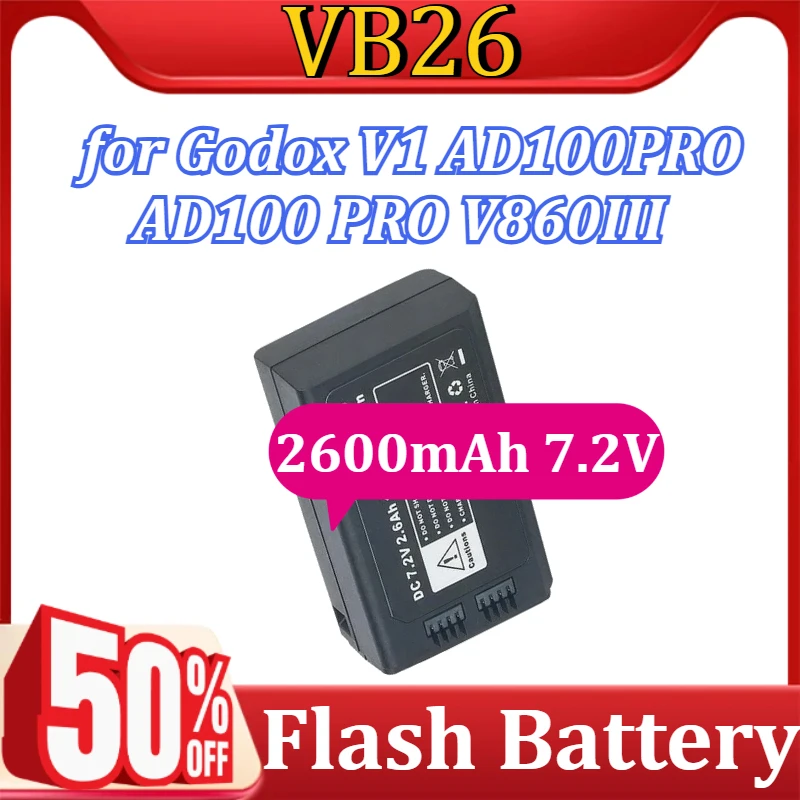 

VB26 for Godox V1 AD100PRO AD100 PRO V860III Flash Battery 2600mAh 7.2V Li-Ion Rechargeable Battery