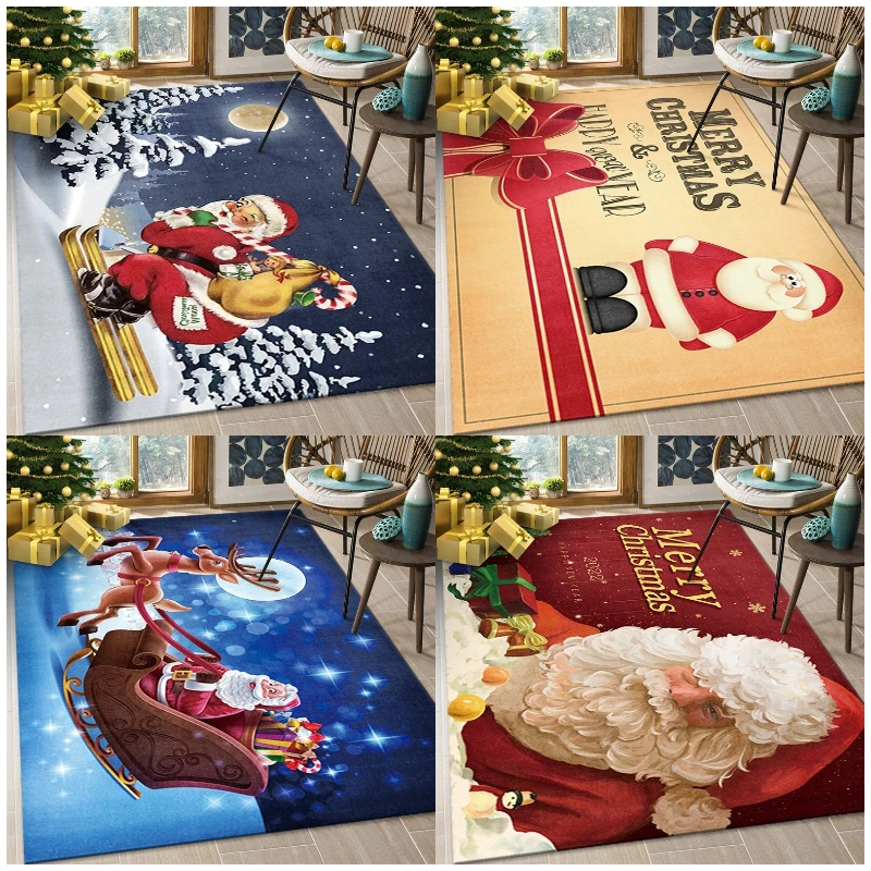 Flannel Christmas Print Non-Slip Mat Festive All-Over Living Room Carpet Washable Holiday Door Rug Soft Xmas Home Floor Decor
