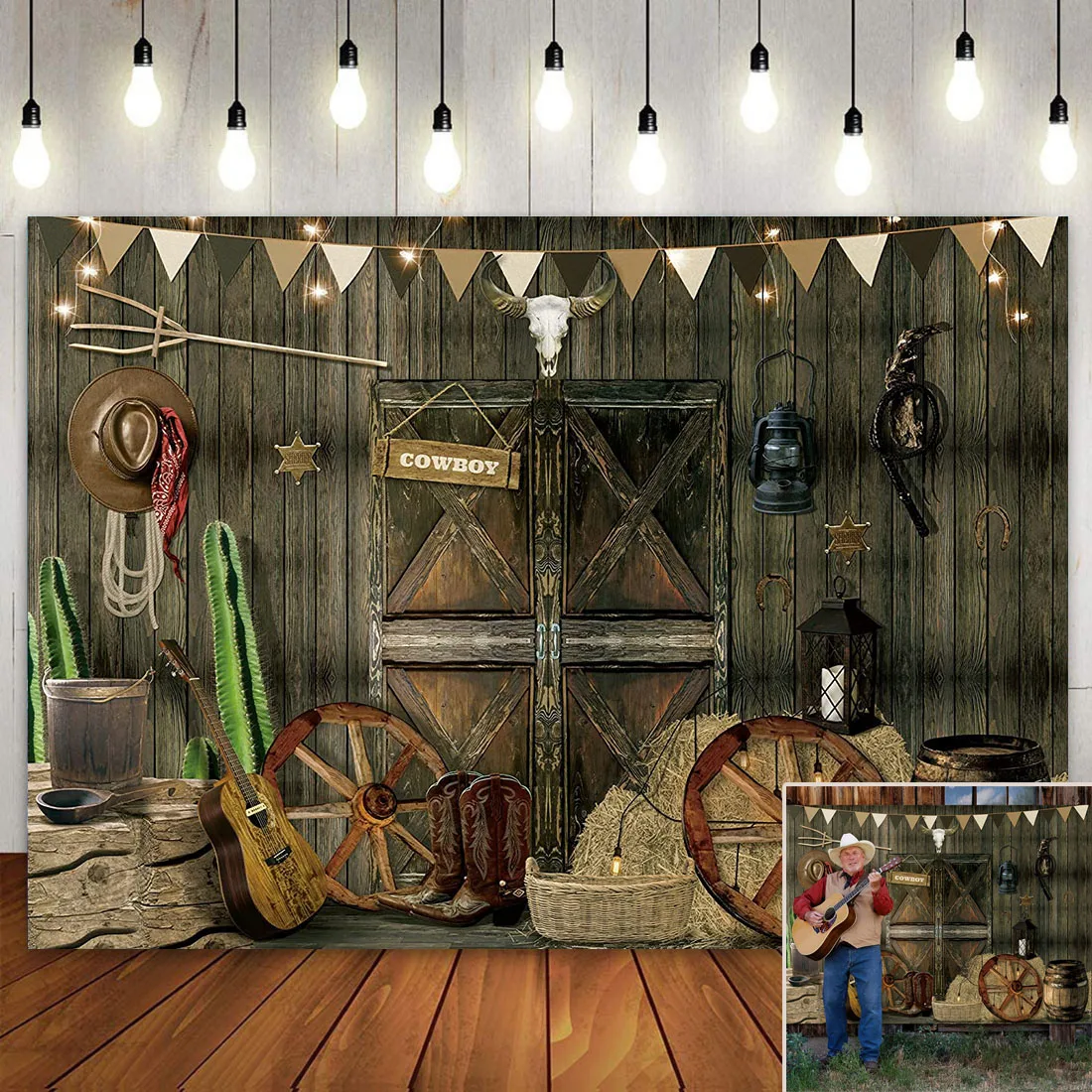 

Western Cowboy Birthday Party Decor Backdrop Wild West Farm Rustic Wooden House Barn Door Banner Vintage Photography Background