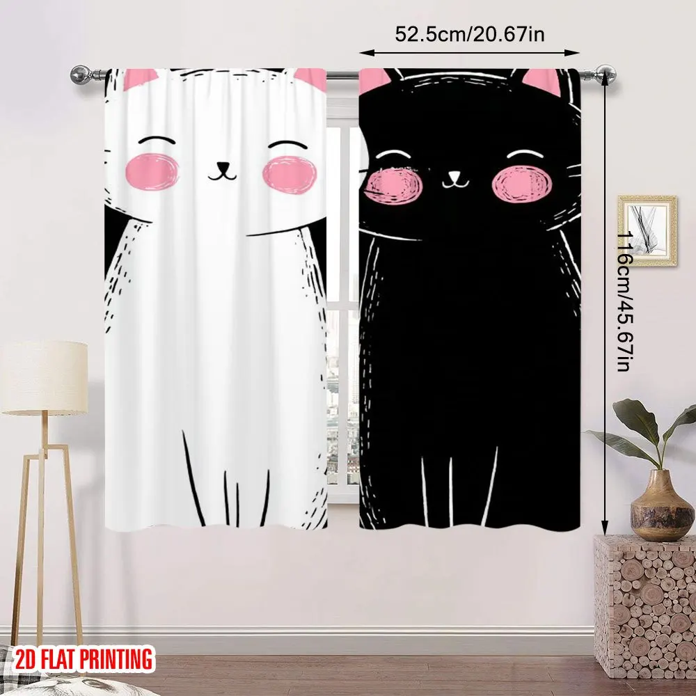Cute Black White Cat Curtain, Cartoon Kitten Face Drape, Funny Animal Window Treatment for Kids Room Living Room Bedroom Decor