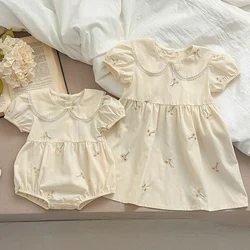 2024 New Summer Sister Clothing Kids Princess Dresses Infant Baby Romper Short Sleeved Cotton Embroidery Baby Girl Party Dress