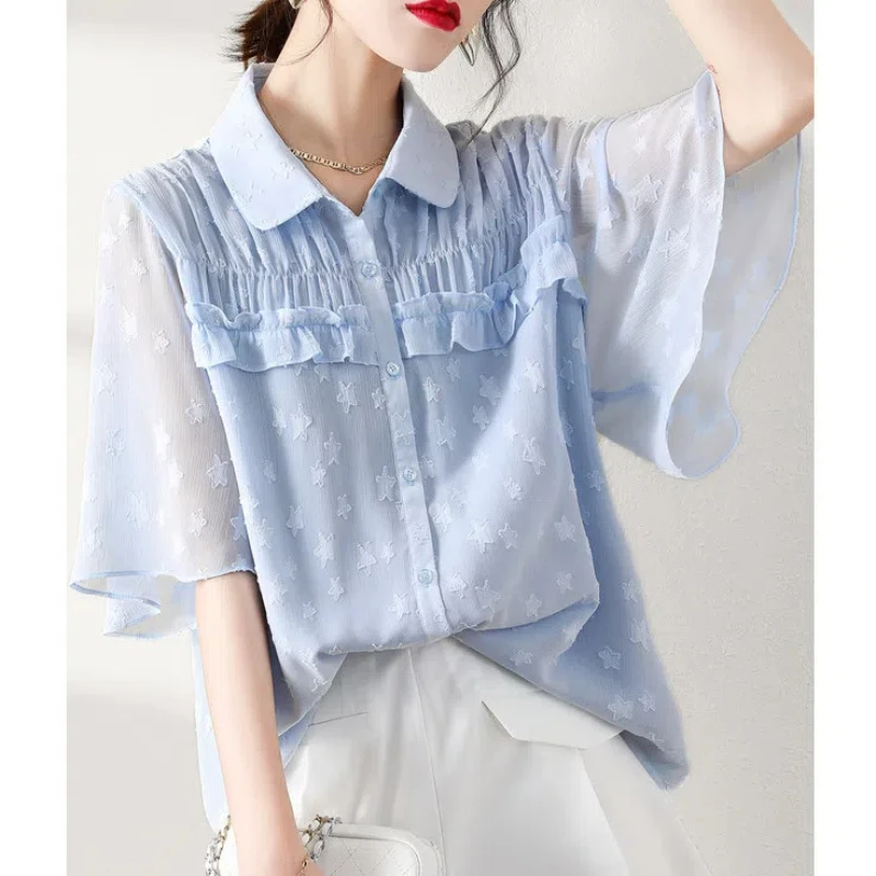 Chiffon Thin Fashion Blouse Summer New Short Sleeve Polo Neck Button All-match Solid Shirt Tops Elegant Office Women Clothing