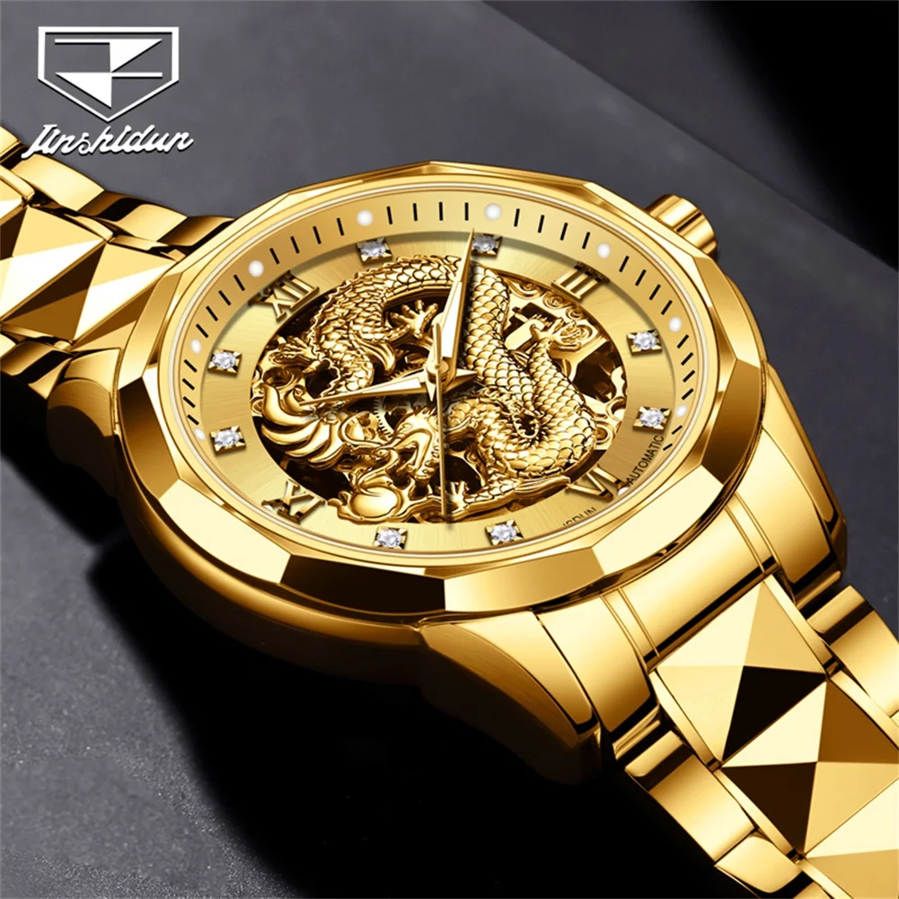 JSDUN Original Watch for Men Fully Automatic Mechanical Gold Dragon Watch High Quality Tungsten steel Luminous Diamond Watch Man