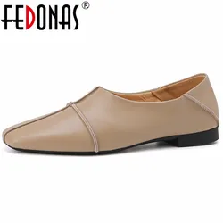 FEDONAS Thick Low Heels Loafers Shoes For Women Genuine Leather Fashion Square Toe Spring Casual Shoes Woman Pumps