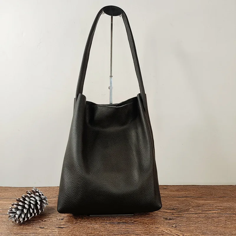 

High quality Genuine leather women's single shoulder large tote bag cowhide bucket bag