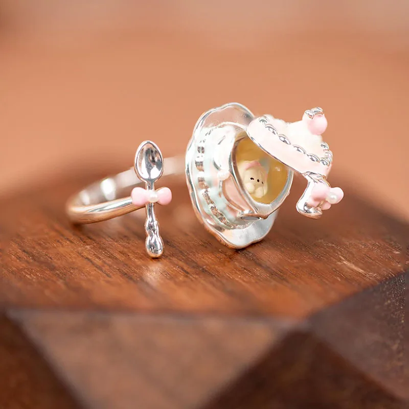 Hot Sell Cute Openable Cupcake Enamel Ring Pendant Necklace Collarbone Chain Jewelry Sweet Spoon Accessory Girlish Birthday Gift
