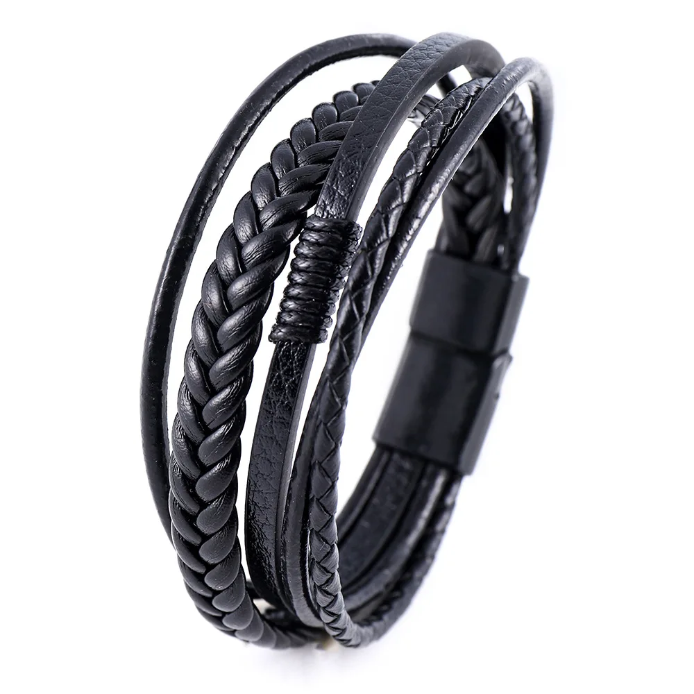 Mehrschichtige geflochtene Seilarmbänder für Männer, klassisches handgefertigtes PU-Lederarmband mit Magnetverschluss, trendiges Punk-Schmuckgeschenk