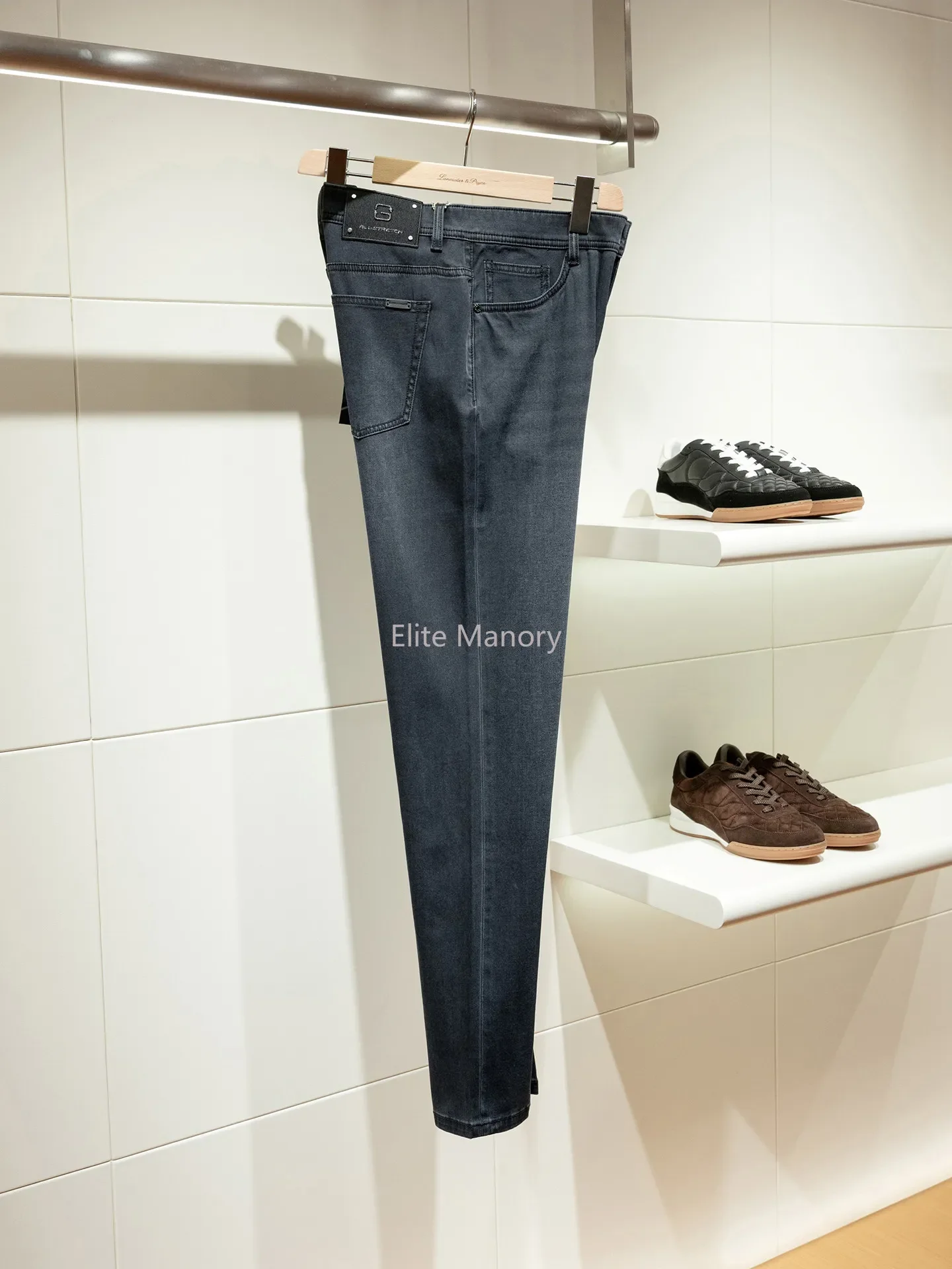 [8 ounces enzyme wash] Black label elastic, comfortable and breathable, men's high-end thin straight jeans