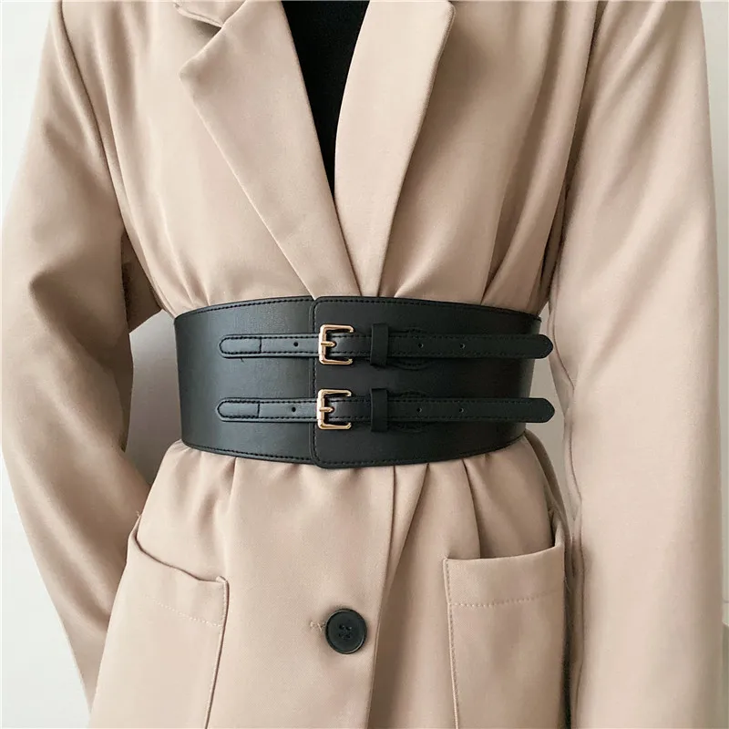 Cummerbunds واسعة للغاية لمعطف المرأة تمتد الخصر أسود بني اللون طبقة مزدوجة تصميم الخصر الأختام موضة مشد الفتيات #5