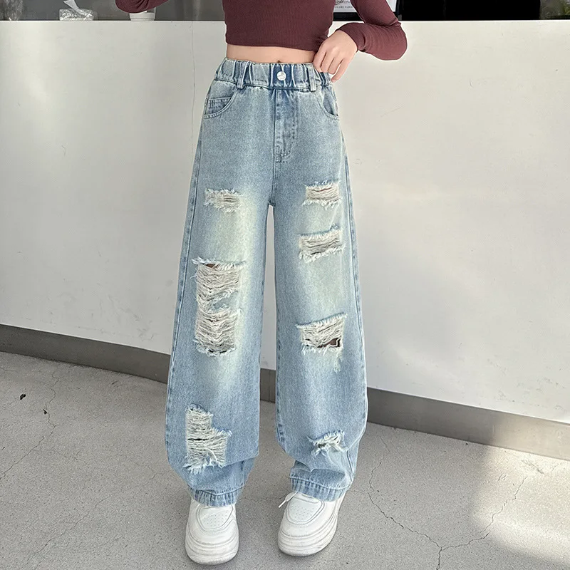 Cowgirl Ripped Jeans With Hole Kids Girls Casual Style Destroyed Denim Pants Spring Autumn Child High Street Trousers Clothes