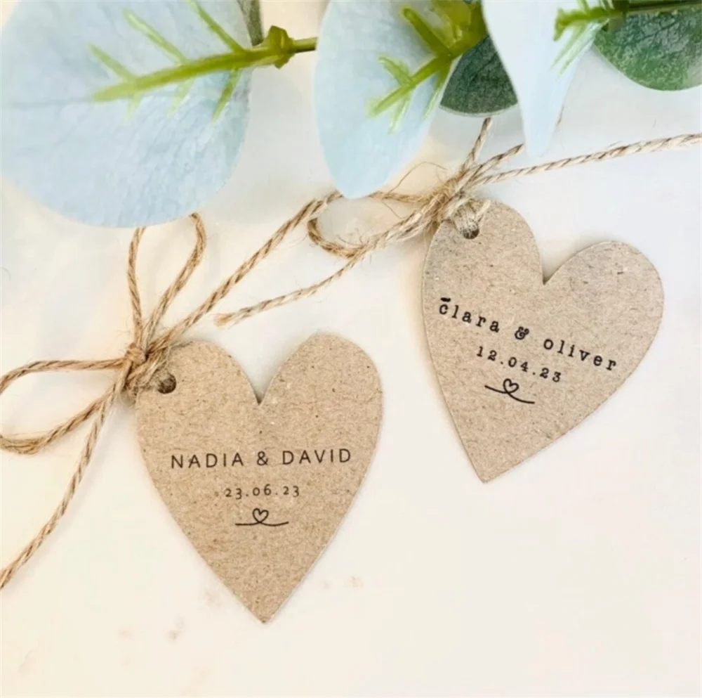 50pcs Modern Kraft Heart Shaped Wedding Favour Tags with Twine - Wedding Thank You Tags - Monochrome - Minimalist - Simple