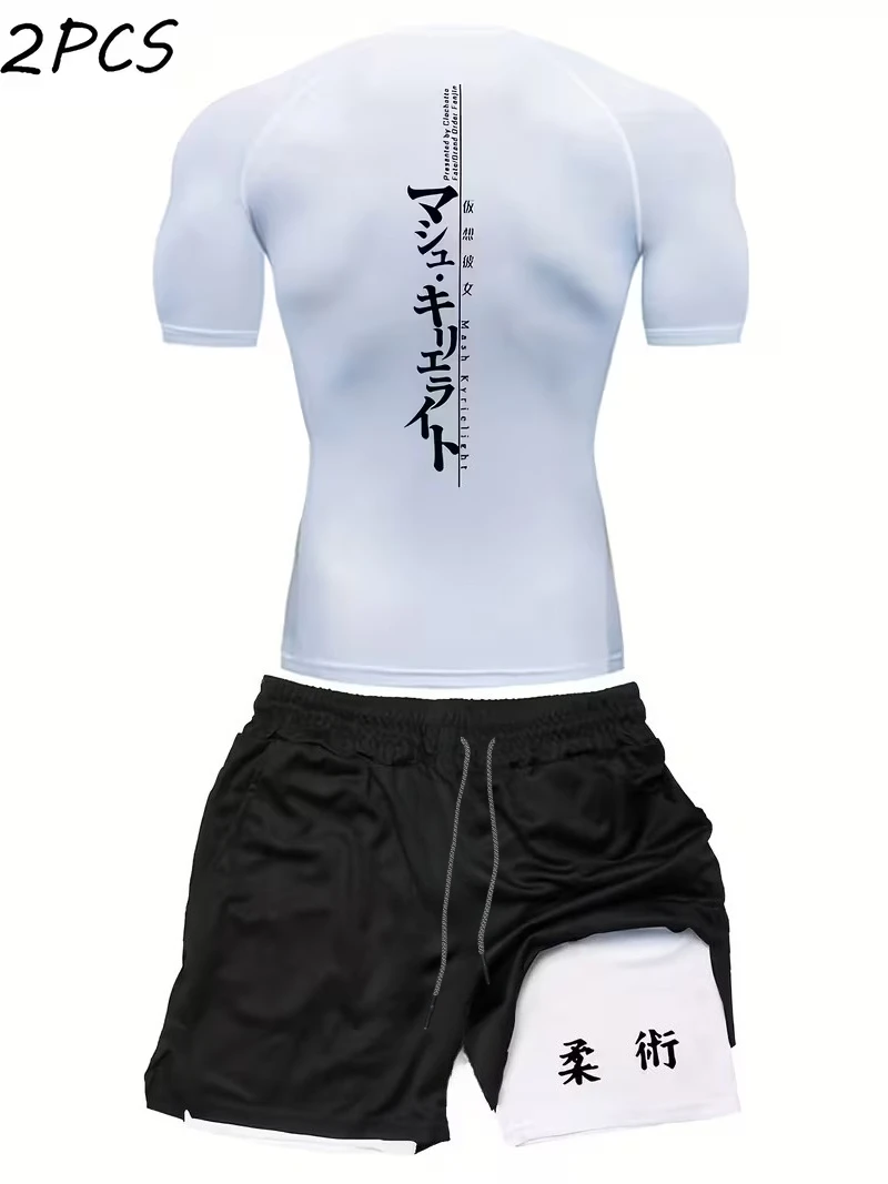 

New men's slim fit suit quick drying round neck quick drying sports T-shirt+double-layer pants gym running hiking football sport