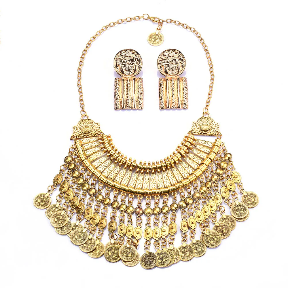 Indian Ethnic Vintage Coins Tassel Statement Necklace Women Jewelry Sets Boho Retro Metal Large Collar Choker Necklace Earrings