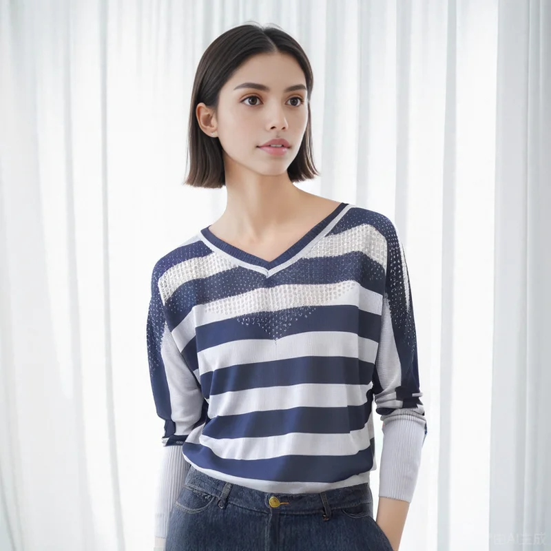 2023 Casual Loose Stripe Sweater Fashion Female Girls Basic Tops Spring  Bottoming V Neck Batwing Sleeve Women\'s Clothes