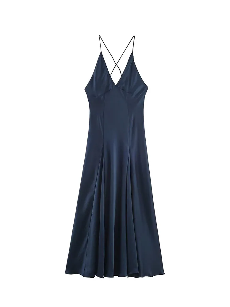 

HH New Woman Summer Fashion Sexy Backless Sling Sleeveless V Collar Folds Silk Long Dress Female Elegant Slim Fit Party Dress