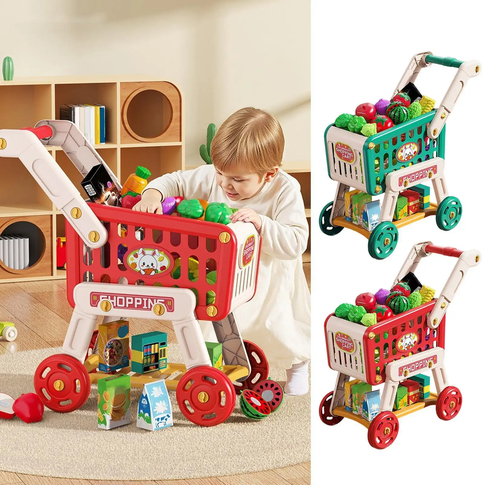Grocery Cart For Kids Kids Shopping Cart Toy Play Kitchen Accessories Pretend Play Educational Toys Fake Food For Boys Girls