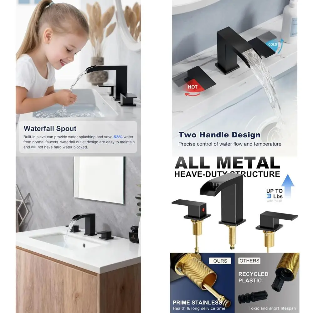 

8 Matte Black 3-Hole Widespread Bathroom Sink Faucet with Pop-Up Drain & Supply Lines