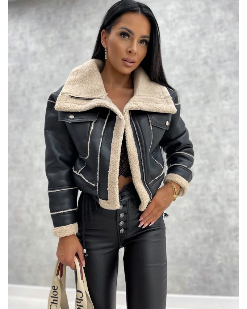 Faux Leather Jackets Women PU Short Thick Warm Black Outwear Female Aviator Retro Lapel Velvet Coat Pop Year Winter Tops