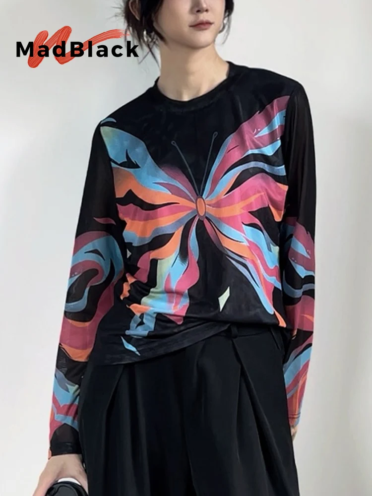 MadBlack-Women European T-Shirt, Sexy O Neck Butterfly Print, Fashion Modern Long Sleeve Slim M-2XL Tee, 2025 Winter T5N547CC