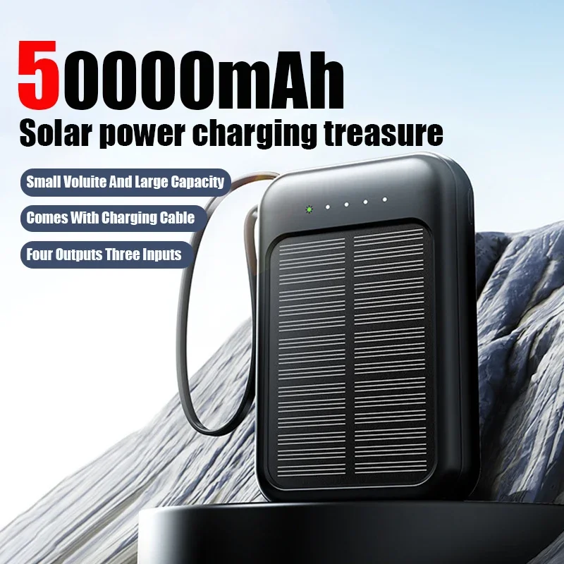 

50000mAh Solar Power Bank With Built-In Cable Fast Charger 2 USB Ports External Charger And LED Light For Iphone