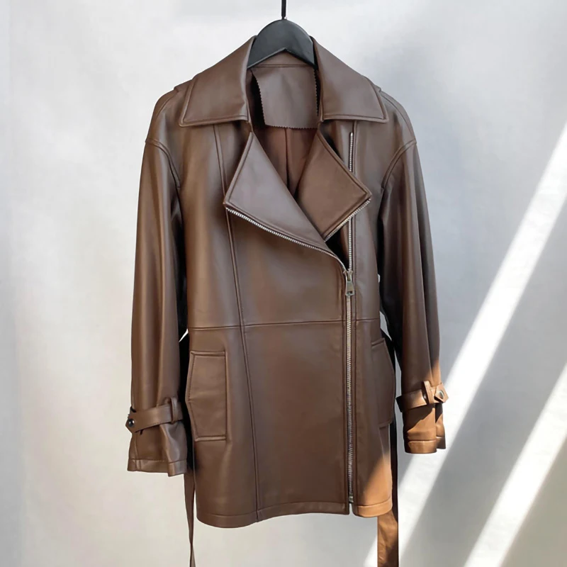 

2023 New Spring Autumn Women's Real Leather Long Coats Fashion Moto Biker Style Genuine Sheepskin Leather Trench Coat TF5008