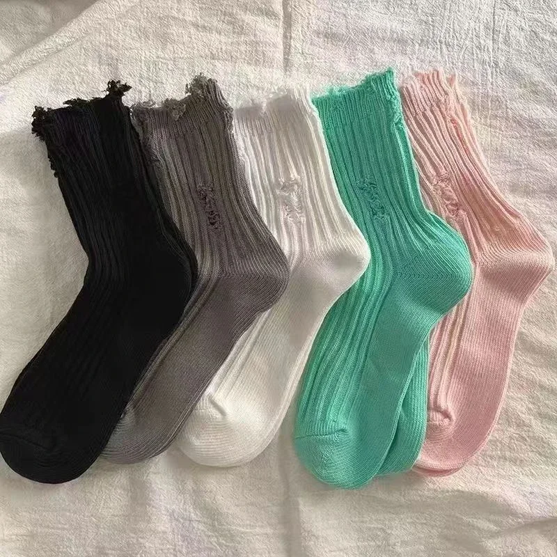 1/5 Pairs Women Distressed Ripped Middle Tube Socks Solid Color Broken Hole Destroyed Beggar Style Streetwear Fashion Socks