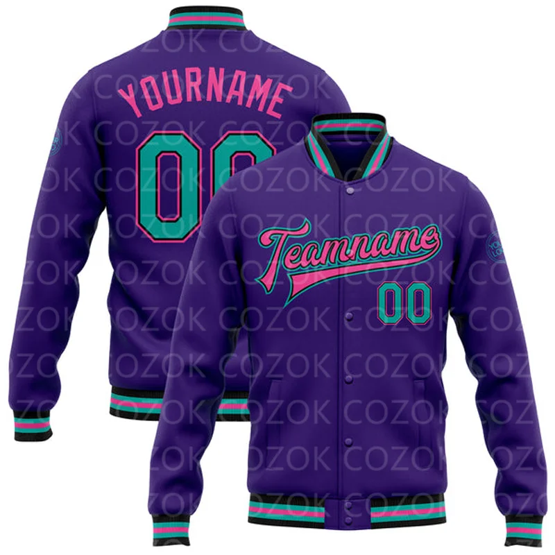 Custom Purple Miami 3D Printed Baseball Button Jacket Bomber Full-Snap Varsity Letterman Jacket