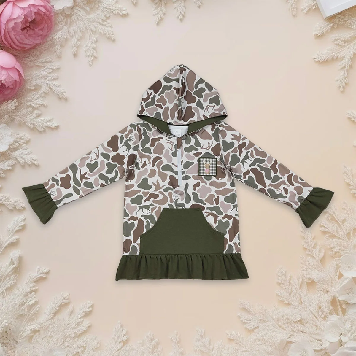 

Kids Hoodies Tops Baby Girl Long Sleeve Embroidery Deer Green Zipper Pocket Camo Hunting Clothes Toddler Sweashirts Wholesale