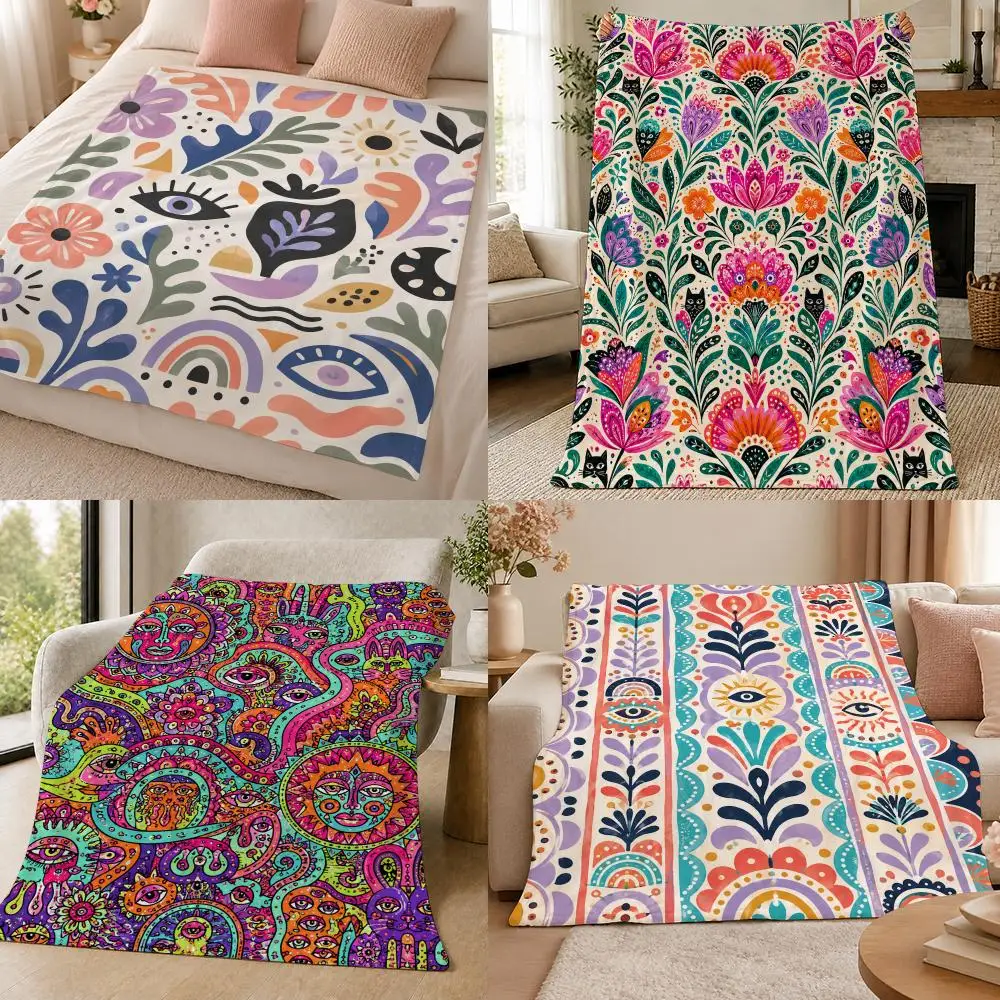 Boho Evil Eye Floral Mystic Botanical Pattern Throw 320g Soft Flannel Fleece Throw Blanket Cover Sofa Bed Dorm Nap