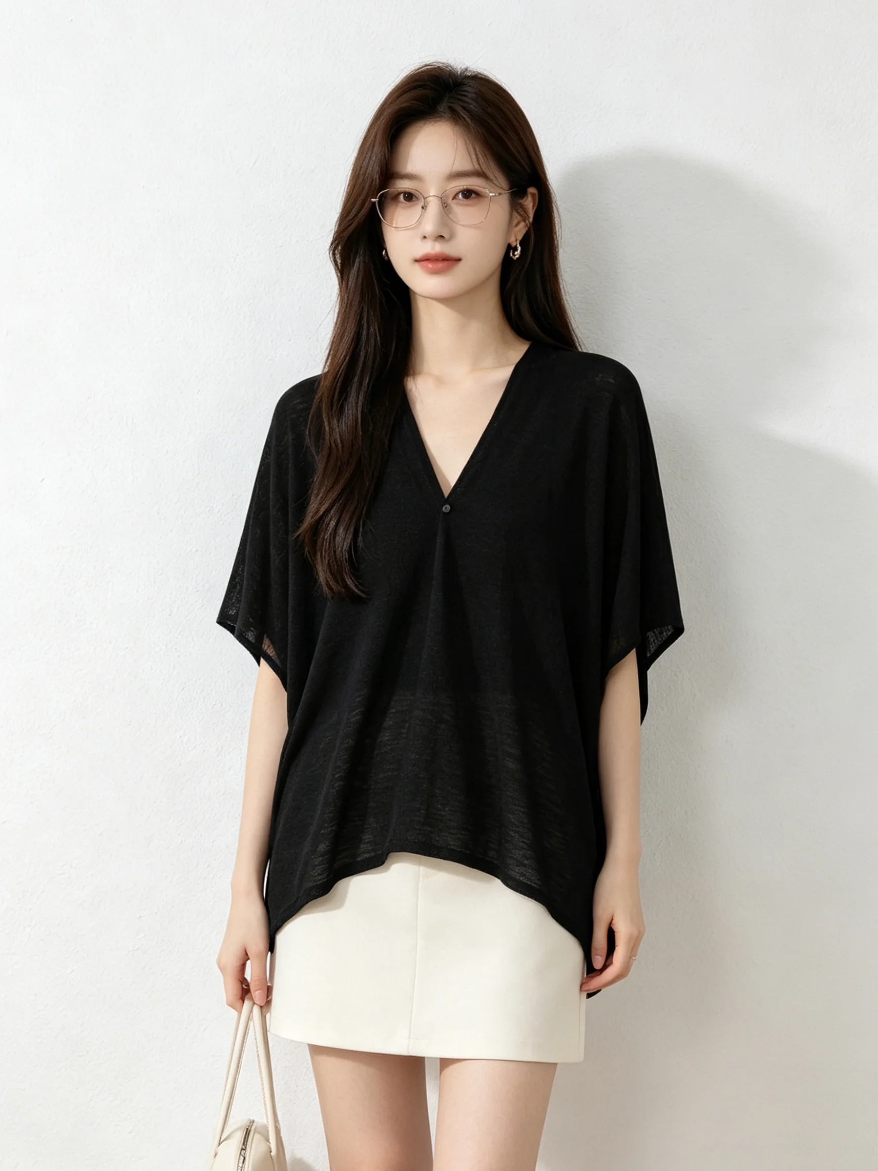 

Ladies V-Neck Knitted Open Cardigan Slimming Lightweight Summer Loose Fit Versatile Shoulder Wrap Simple Style Soft Fabric