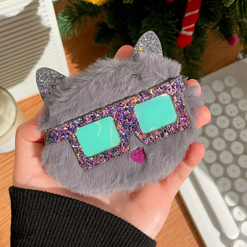 Two-sided Plush Cartoon Cat Mirror 2x Magnifying Compact Cosmetic Mirror Fold Makeup Mirror Animal Sunglasses Cat Folding