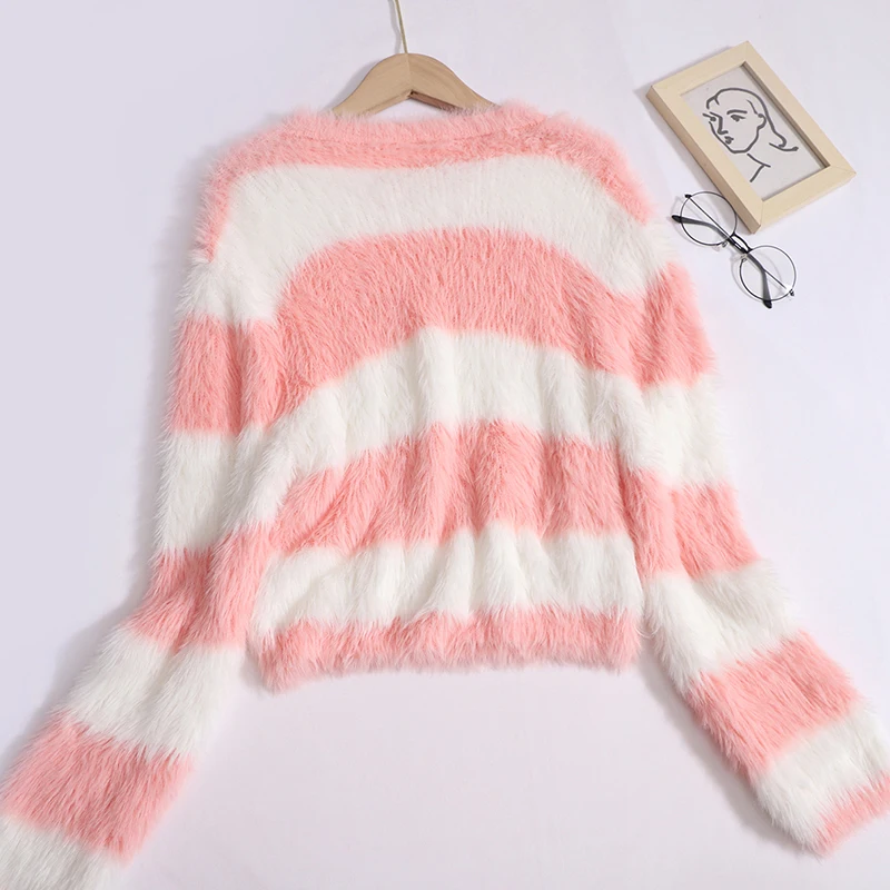 French Gentle Style Plush Mixed Color Striped Sweater for Women 2023 Spring Autumn New Slim Short Knit Top Elegant Lady Pullover