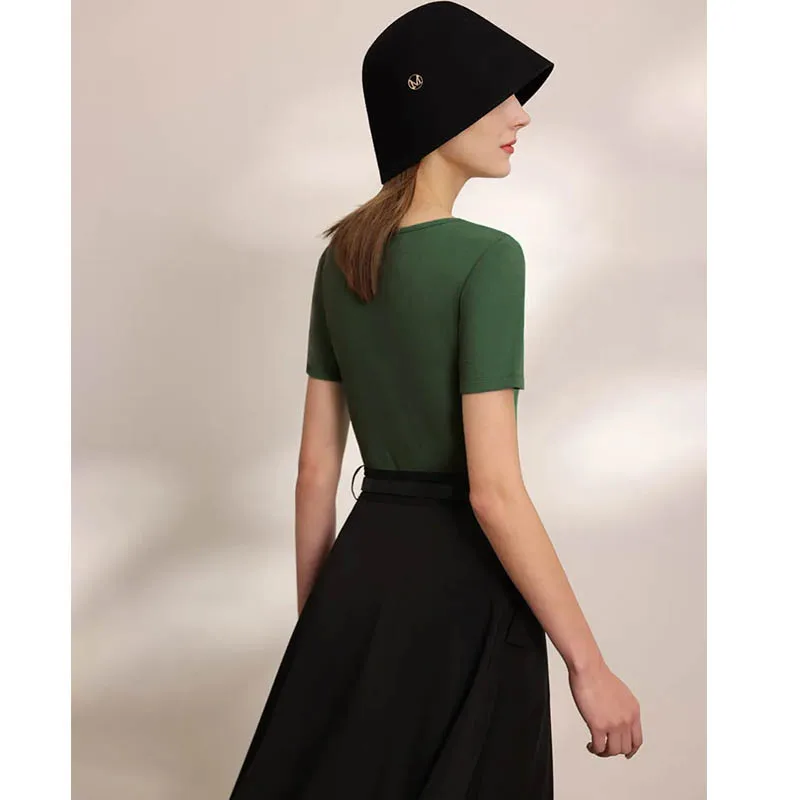 Amii Minimalism Women Tops & Tees 2024 Summer New Casual Basics Solid Square Collar Knit Short Sleeve Elastic T-shirts 12442331