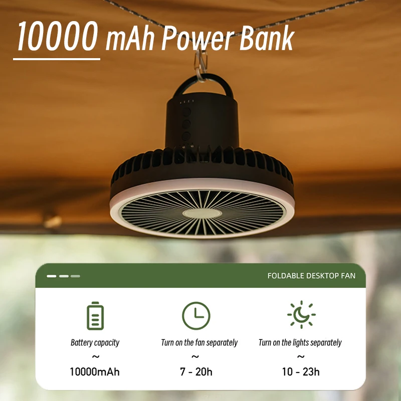 Standventilator, wiederaufladbar, LED-Licht, großer Akku, 10.000 mAh, Luftkühler, verstellbar, faltbar, für den Außenbereich, Campingventilator