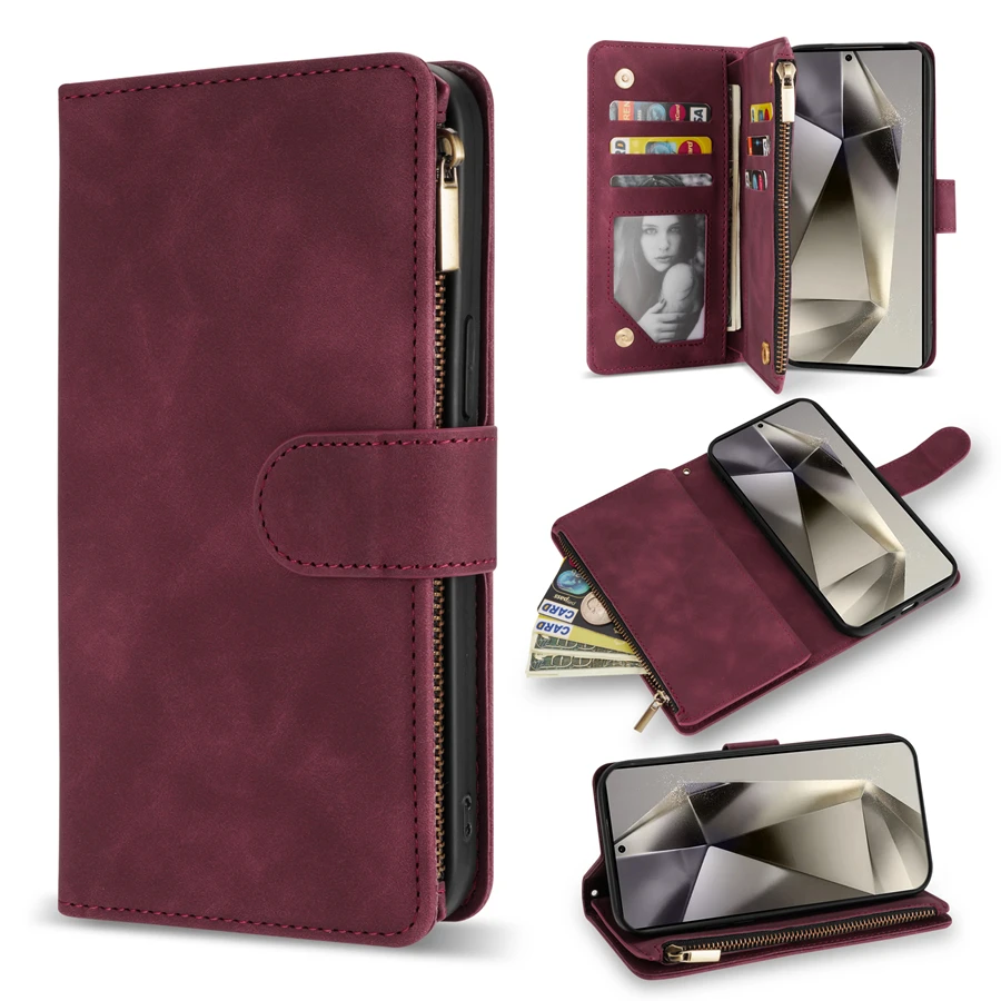 Portemonnee Multi-card Rits Kickstand Magnetische Flip Lederen Case Voor Samsung Galaxy S24 Ultra S23 FE S22 Plus A14 a15 A53 A54 A55