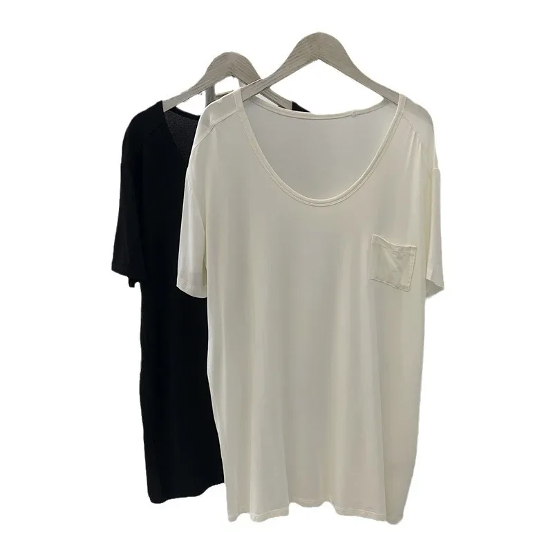 Round Necked T-shirt for Women Thin and Draping Solid Color Slimming and Versatile Medium Length Top for Women