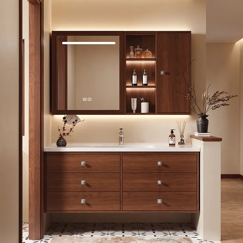 

Средневековый шкаф для ванной комнаты из массива дерева с интегрированной керамической раковиной и тумбой-умывальником.