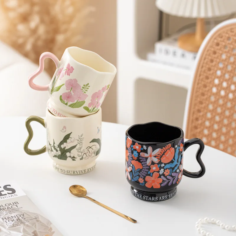 Linglong Flower Coffee Cup Saucer Set High Value Ceramic Mug Original Watercolor Fashion Ceramic Coffee Cup Saucer