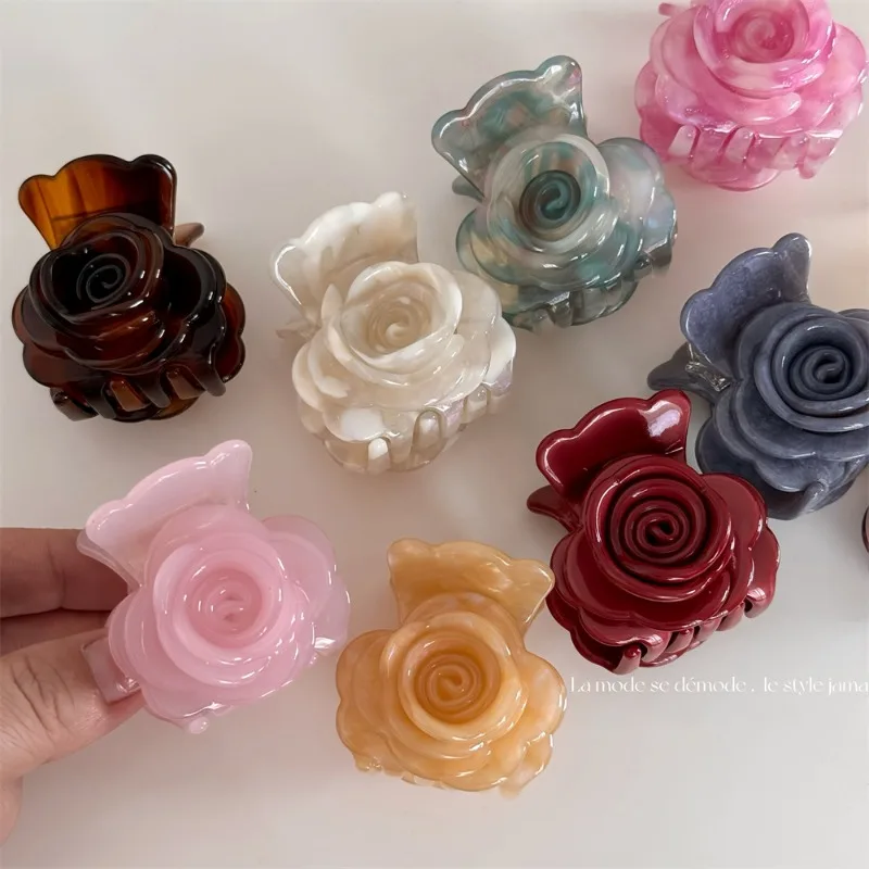 

New Korean Sweet Colored Rose Flowers Acetate Hair Claw Clip Headdress 2024 Fashion Simple Delicate Hairpin Hair Accessories