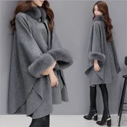 S-5XL inverno caldo moda mantello corno fibbia Poncho di lana mantelle donna finta pelliccia di coniglio maniche Dolman cappotto lungo allentato