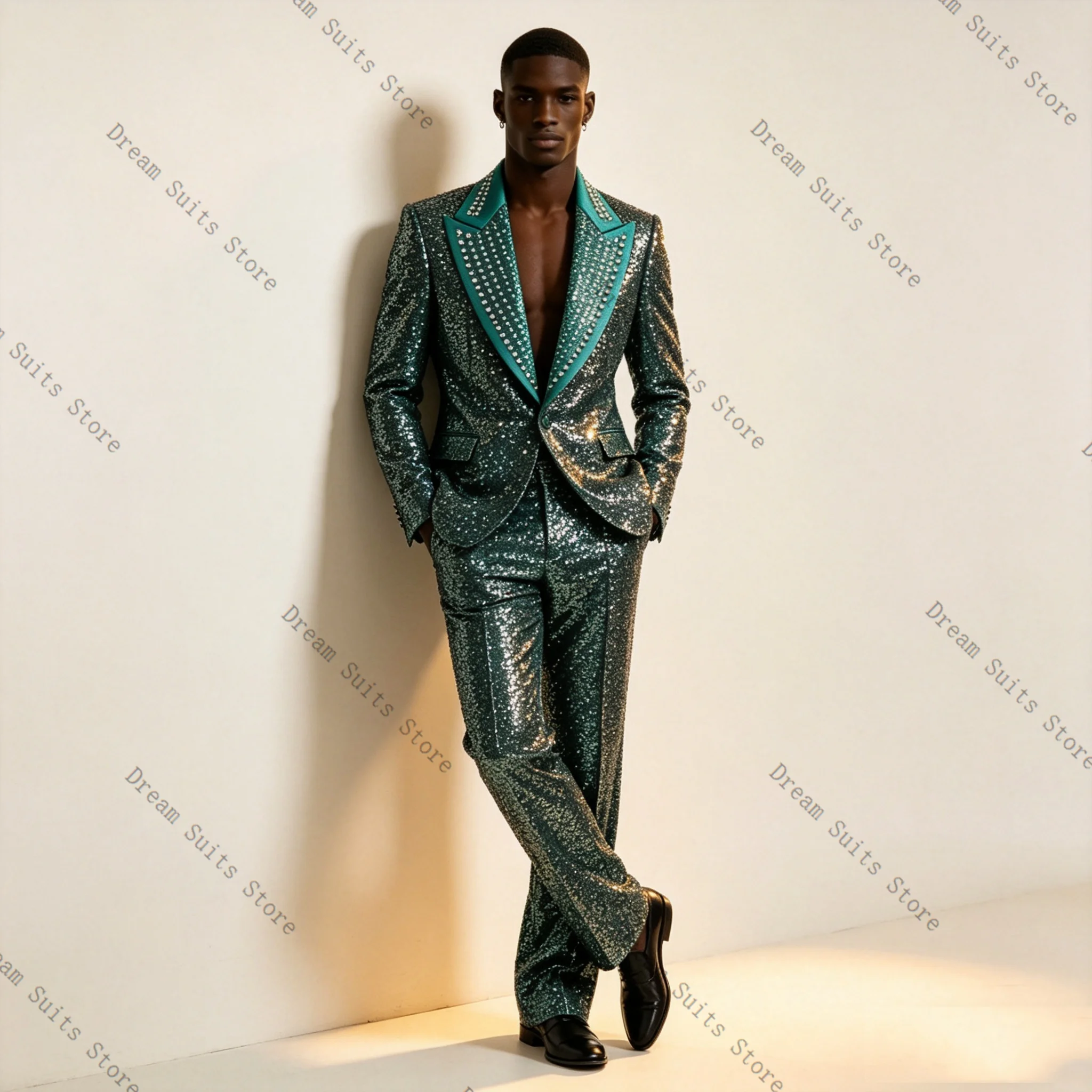 

Luxury Shiny Green Men Suit Set 2 Pcs Blazer+Pants Trousers Customized Crystals Formal Office Jacket Wedding Tuxedos Prom Coat